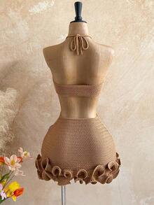 Vestido de suéter con volantes y decoración floral casual de color caqui para mujer, adecuado para playa, crucero, vacaciones en la ciudad, citas festivas, té de la tarde, festivales de música, estilo bohemio, vestidos de verano, fiesta - Caqui - Ver 2