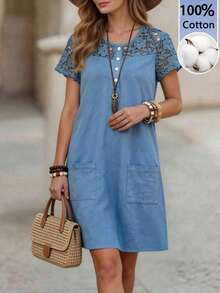 Vestido de verano casual y vintage para mujer con encaje empalmado - Azul - Ver 7