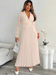 Vestido elegante de oficina y para ir al trabajo con cintura ceñida, estilo de vestido de camisa abotonada y plisada para bodas y eventos, otoño/invierno - Celeste - Ver 11