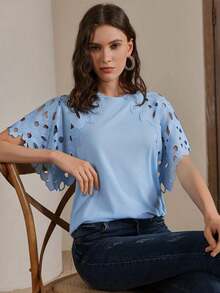 Blusa elegante y moderna de mujer con diseño floral calado, adecuada para el Día de San Valentín, vacaciones de verano en la playa, Año Nuevo - Celeste - Ver 7