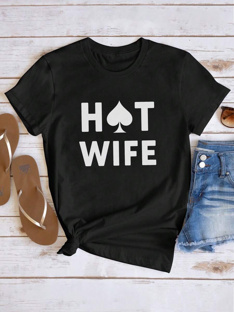 Ropa casual de verano para mujer que incluye una camiseta negra con estampado de pala que dice HOT WIFE. Camisetas deportivas para mujer. - Negro - Ver 1