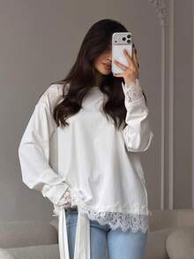 New Women's Solid Color Lace Patchwork Long Sleeve Top, Summer New Arrival, Daily Commute, Holiday, Elegant And Graceful White - White - View 9