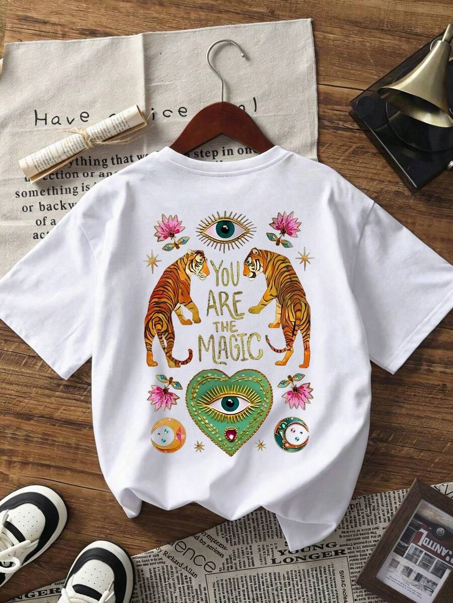 Playeras de Mujer Cuello Redondo Manga Corta, Camiseta con Estampado de Moda Actual, Tops Básicos Casuales - Blanco - Ver 1