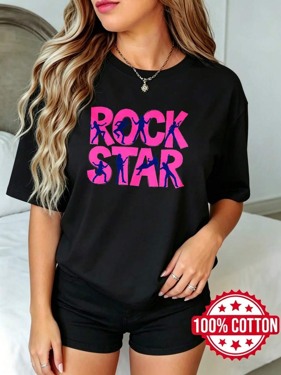 Camiseta negra de manga corta, cuello redondo y estampado para mujer de verano Estrella de rock con bailarines S-3XL Moda 100% aodón material transpirable