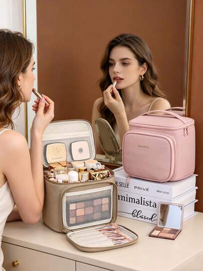 Large Capacity Makeup Bag With Handle And Zipper Closure, Multi-Layer And Multi-Zipper Design, Water-Resistant PU, Solid Colors Like Linen, Pink, Brown, Black, Suitable For Makeup, Cosmetics, Digital Products, Portable For Travel, Home, Unisex, Suitable For Birthday, Mother's Day, Thanksgiving, Valentine's Day Gifts