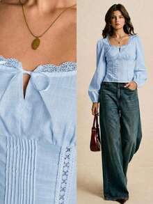 Blusa elegante con diseño plisado, decoración de lazo y encaje de contraste para mujer - Celeste - Ver 9