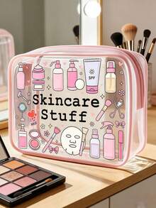 "Skincare Stuff" 字母印花 PVC 洗漱包，PVC 旅行收納袋附拉鍊開關，化妝包，便攜式化妝箱，適合母親、老師、朋友、護士，化妝袋，學校假期開學必備旅行用品 - 彩色 - 查看 3