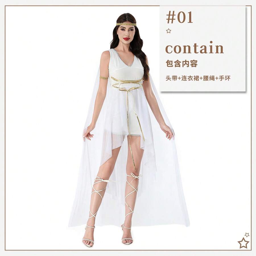 Greek Goddess Medieval Dress Halloween Costume Dress Cleopatra Athena Roman Performance Costume - White: Four-piece Set - View 1