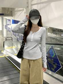 女款秋季韓風修身正肩灰色條紋長袖打底T恤休閒風 - 淺灰色 - 查看 5