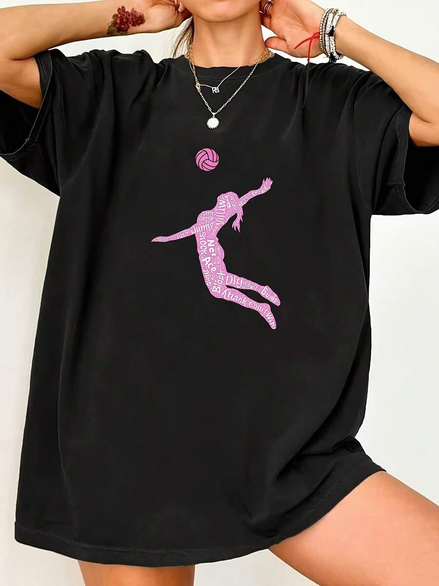 Camiseta de mujer de manga corta y cuello redondo con diseño de voleibol, perfectara uso casual