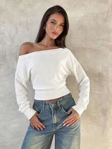 Top de manga larga asimétrico de hombro de punto de color albaricoque para mujer, otoño/invierno - Blanco 2 - Ver 1