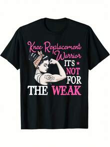 Empoderadora camiseta negrara mujer - Elegante ilustración de mujer flexionando con bandana, texto Knee Replacement Warrior en rosa y blanco, IT'S NOT FOR THE WEAK con acento de estrella Gráfico audaz Elegante uste regular tops casuales de manga cortara mujer (Ho - Negro - Ver 2