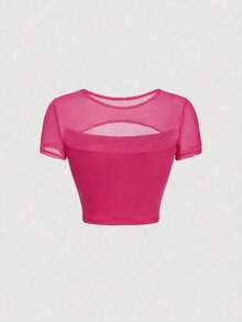Camiseta De Malla Plisada Ahuecada Para Mujer - Rosa Fucsia - Ver 2