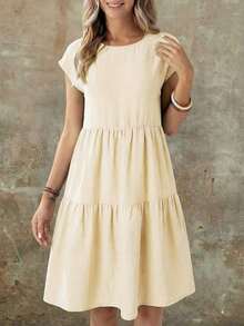 Vestido casual de mujer de manga corta, cuello redondo y longitud media, con aspecto de lino verde, para primavera/verano - Albaricoque - Ver 4