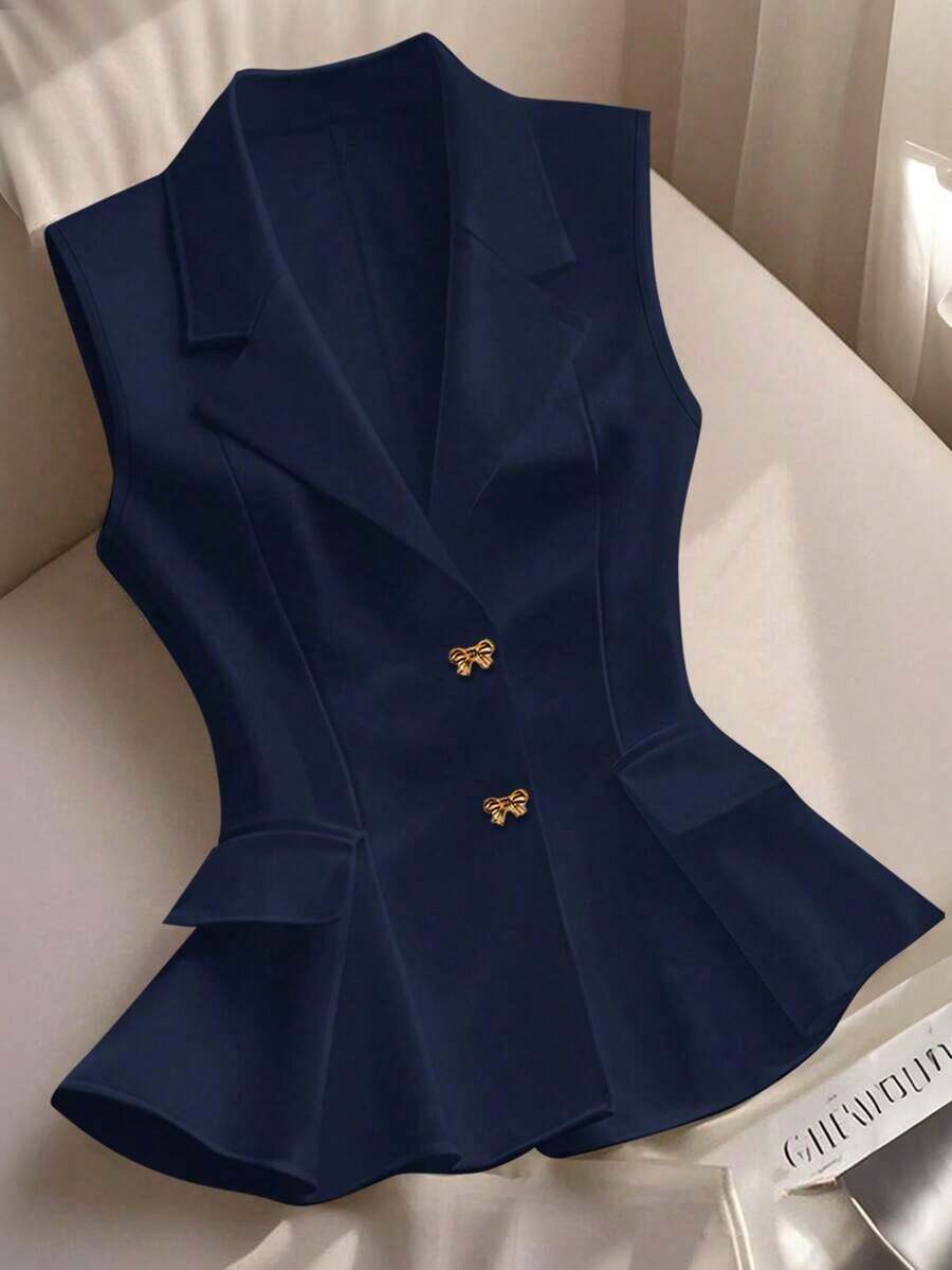 Blazer blanco ajustado de línea A con cuello en V francés, elegante, con lazo y botones sin mangas para mujer, para primavera/verano - Azul marino - Ver 1