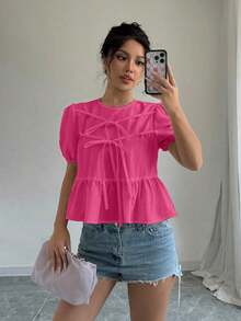 Blusa con volantes y mangas abullonadas con lazo en la parte delantera - Rosa Fucsia - Ver 4