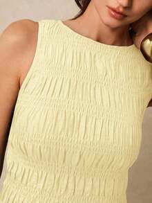 Camiseta de mujer informal de cuello redondo con pliegues de color liso y versátil - Amarillo - Ver 7