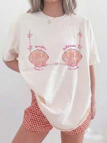 Camiseta casual de manga corta con cuello redondo y hombros caídos para mujer, con estampado de conchas de sirena, ideal para despedidas de soltera -- Camiseta ligera, transpirable y holgada - Blanco - Ver 7
