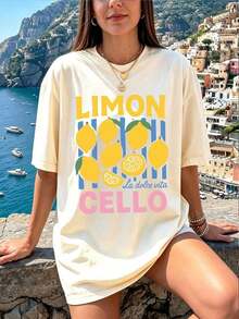 Edición Limitada: Camiseta Casual de Manga Corta con Estampado de Limones para Mujer, Tejido de Punto, Cuello Redondo, Hombros Caídos, Moda de Verano La Dolce, Algodón Ligero - Albaricoque - Ver 7