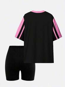 Conjunto de camiseta y pantalones cortos de ciclista con estampado gráfico de número 13 y eslogan, de moda casual para mujer - Multicolor 10 - Ver 2