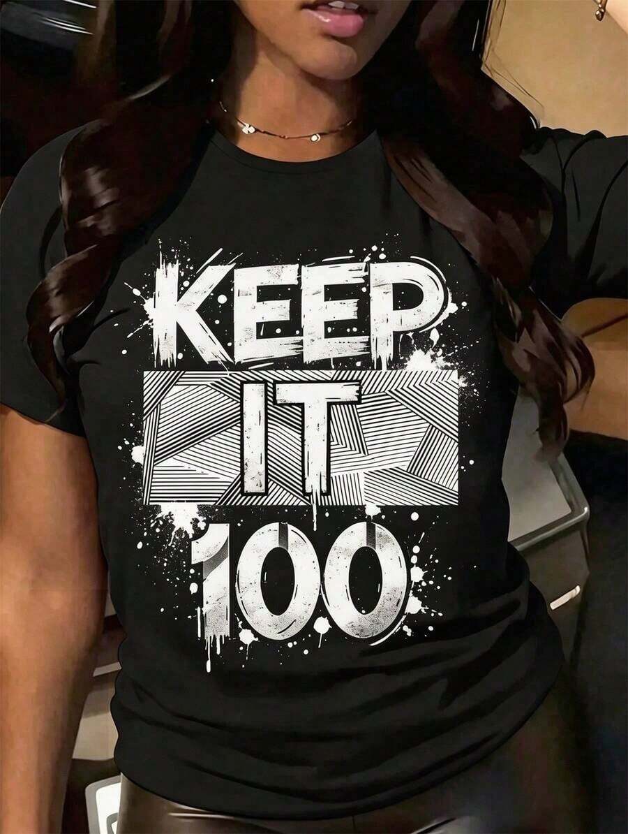 Camiseta gráfica de manga corta para mujer "Keep It 100" - Diseño de texto tridimensional plateado - Camiseta casual de cuello redondo para uso diario y ocio. - Negro 4 - Ver 1