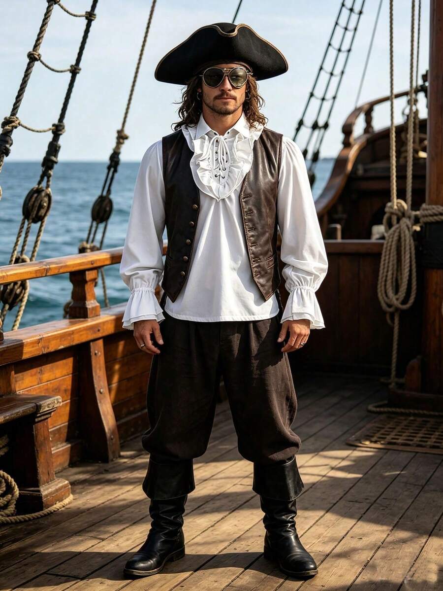 Men's Solid Color Cocktail Party Medieval Retro Style Lace-Up Long Sleeve Ruffle Blouse - White - View 1