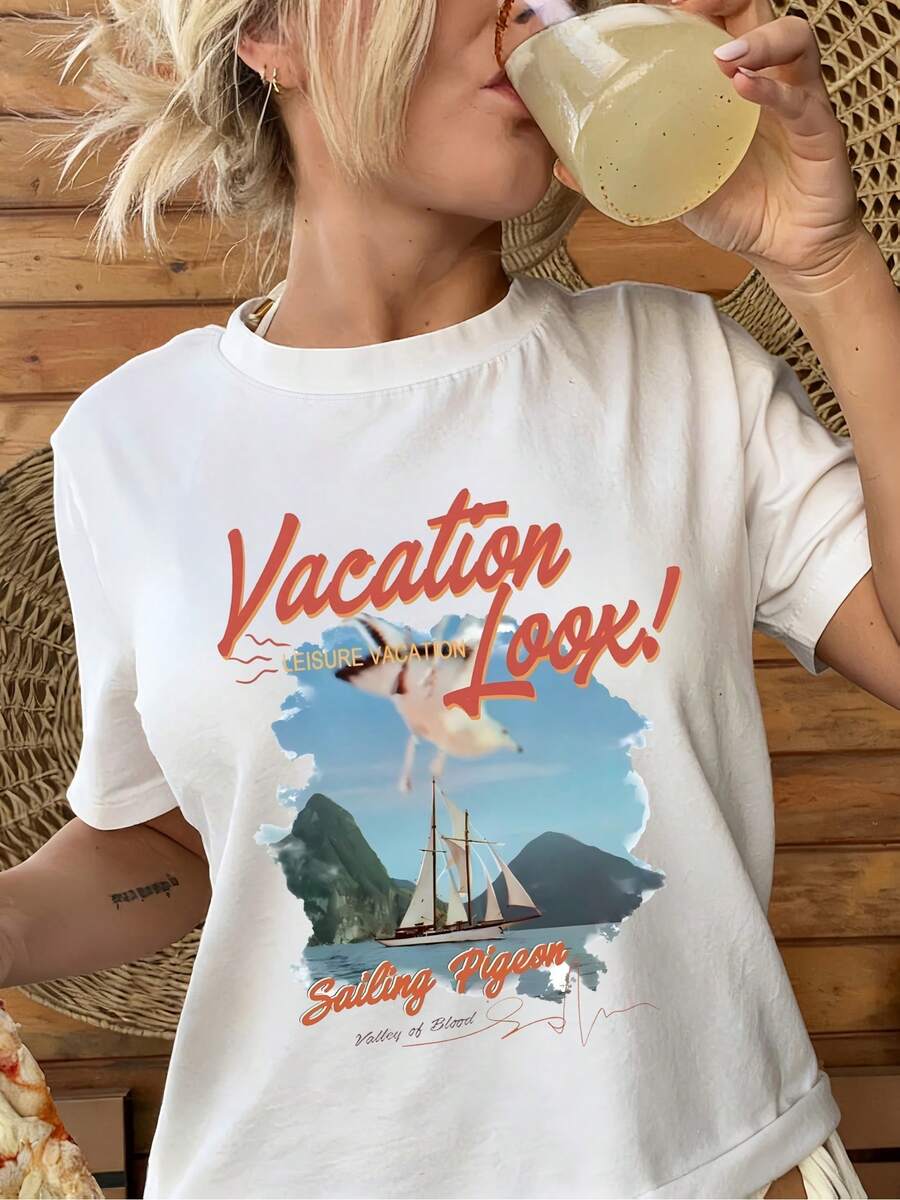 T-Shirt For Women With A Sailing Theme, Showcasing The Phrase 'Vacation Look!', Made From Soft Material | Crew Neck | Short Sleeves | 100% Soft | Suitable For All Seasons | Quick Drying | Perfect As A Gift - White - View 1