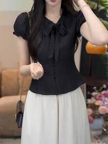 ブラック フレンチ風 パフスリーブブラウス レディース 半袖 ショート丈 細見え レトロ フェミニン 夏新作 着回し - ブラック - チェックする 10