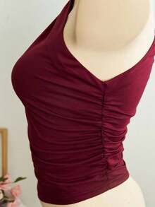 Blusa corta de un hombro con pliegues color albaricoque, minimalista, casual, elegante y versátil para uso diario de mujer, primavera/verano - Burdeos - Ver 7