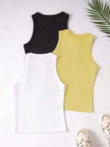 Top ajustado de cuello redondo informal para mujer - Amarillo - Ver 2