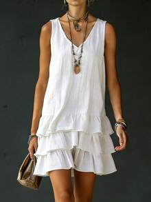 2026 New Spring/Summer V-Neck Ruffled Linen Dress | Sleeveless Layered Short Skirt, American Women's Casual Vacation Outfit - White - View 3