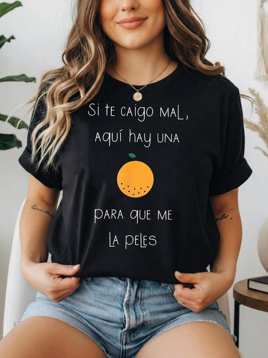 1 Piece 180g Women's Cotton Shirt, Oversized Short Sleeve Round Neck With Print For Daily And Street Wear, Designed By Y2K Artists In The Bababask Style - 黑色10 - 查看 1