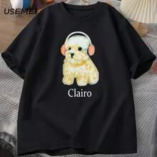 Clairo Puppy And Dog Headphone T-Shirt, Funny Cute Cat Merch Y2k T-Shirt, Clothing, Oversized Harajuku Printed Cotton T-Shirt - 款式 - 查看 1