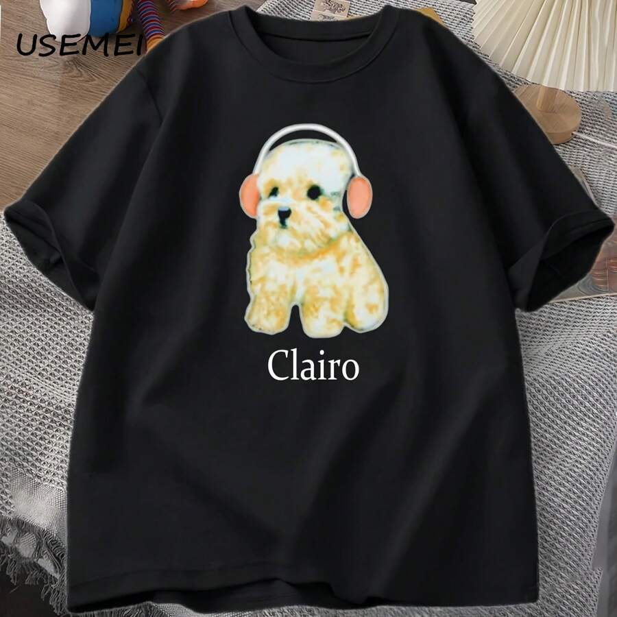 Clairo Puppy And Dog Headphone T-Shirt, Funny Cute Cat Merch Y2k T-Shirt, Clothing, Oversized Harajuku Printed Cotton T-Shirt - 款式 - 查看 1
