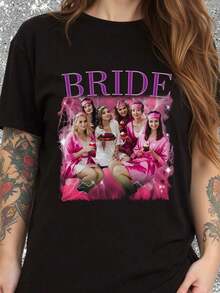 Camiseta personalizada para fiesta individual, estilo retro de hip-hop de los 90, parte superior para despedida de soltera, camiseta de regalo para dama de honor, parte superior de recuerdo de boda, camiseta personalizada con foto vintage, camiseta personalizada para novia, ropa de moda, fresca, minimalista, sencilla para vacaciones de verano en negro - Negro - Ver 3