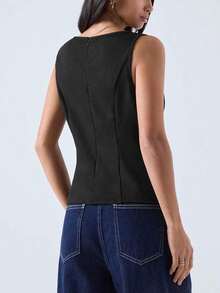 2026 Nueva Camiseta de Tirantes Ajustada de Cuello Redondo a Rayas de Color Albaricoque Minimalista, Adecuada para Trabajo/Casual de Negocios/Oficina, Top de Moda para Mujer - Negro 2 - Ver 2