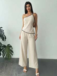Nuevo conjunto de verano elegante de vacaciones de 2 piezas de lino, con top de cintura fruncida y espalda descubierta de dobladillo asimétrico en color albaricoque y pantalón largo de cintura alta - Caqui - Ver 5