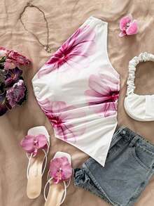 Blusa de estilo vacacional minimalista y casual con estampado floral rosa para mujer, adecuada para el verano - Multicolor 3 - Ver 1