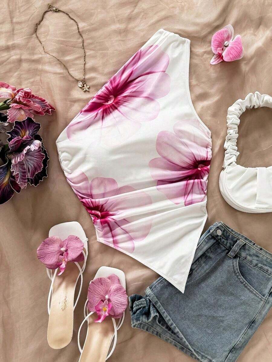 Blusa de estilo vacacional minimalista y casual con estampado floral rosa para mujer, adecuada para el verano - Multicolor 3 - Ver 1