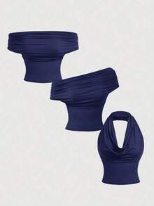 Set de 3 camisetas de tirantes plisadas de unicolor, versátiles y elegantes para el verano - Gris - Ver 5