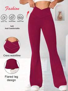 Pantalones acampanados con cintura cruzada para mujer, pantalones deportivos y de yoga de unicolor de poliéster de alta elasticidad, pantalones casuales largos con cintura cruzada, mallas ajustadas de unicolor para entrenamiento, pantalones de pierna ancha de tejido de punto adecuados para fitness y uso casual, negro, primavera - Rosa Fucsia - Ver 2