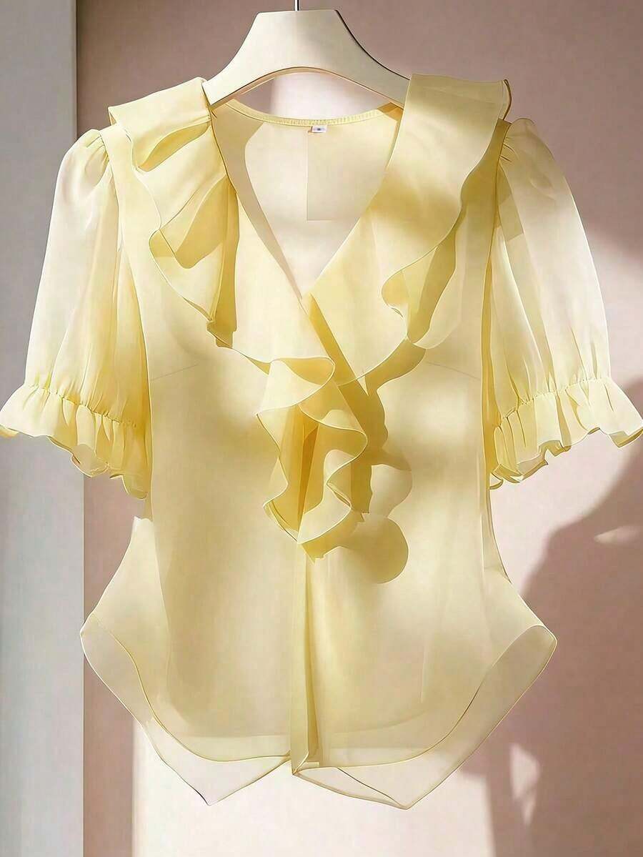 Blusa casual con cuello en V, mangas con volantes y pétalos - Amarillo - Ver 1