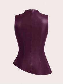 Camiseta ajustada con pliegues y estampado a cuadros para mujer, adecuada para uso diario, trabajo y viajes en verano - Morado - Ver 3