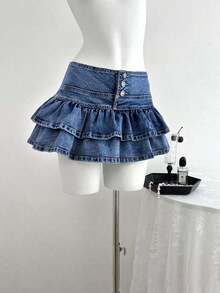 Falda de mezclilla de moda para mujer con diseño de cintura con botones y dobladillo con doble volante - Lavado ligero 2 - Ver 4