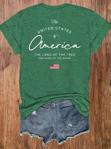 Camiseta de manga corta con cuello redondo para mujer, estilo europeo y americano, ligera y transpirable, con un diseño de inspiración estadounidense que presenta los motivos de 1776 y la bandera nacional, adecuada para uso casual en otoño, una blusa estampada a la moda y cómoda, versátil y de estilo urbano - Transpirable y agradable para la piel. - verde oscuro - Ver 2