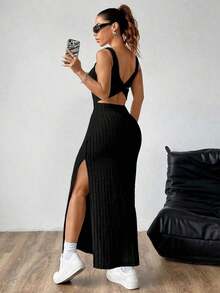 maxi informal sin mangas con abertura lateral, atuendo de mujer - Negro - Ver 7