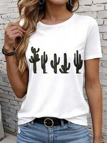 Camiseta casual de mujer con estampado de cáctus, ropa de verano, regalo para ella 220g - Blanco - Ver 2
