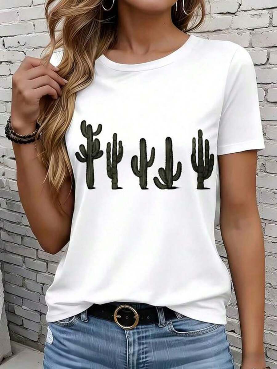 Camiseta casual de mujer con estampado de cáctus, ropa de verano, regalo para ella 220g