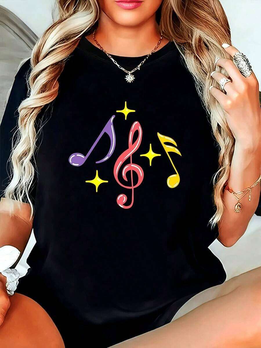 Playera de manga cortaminimalistamodernoPlusTamaño-Camisetadetallagrandeconestampadodenotasmusicalesyestrellas,demangacortaycuelloredondo-Lavableamáquinaadecuadaparafiestasfestivoestilocasualajustecómodo,diseñoversátilparausodiario. Camisa de mujer Casual 100% Algodón 100% Algodón - Negro - Ver 1