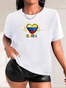 Summer White T-Shirt For Women With Colombian Flag And Colombia Text Cclothesazon Patriotic Design Ideal For Colombia Lovers Modern Casual Style For Women Fashion All-Match Women's Short Sleeve T-Shirt, Basic Style For Inner & Outer Wear - 白色的 - 查看 11